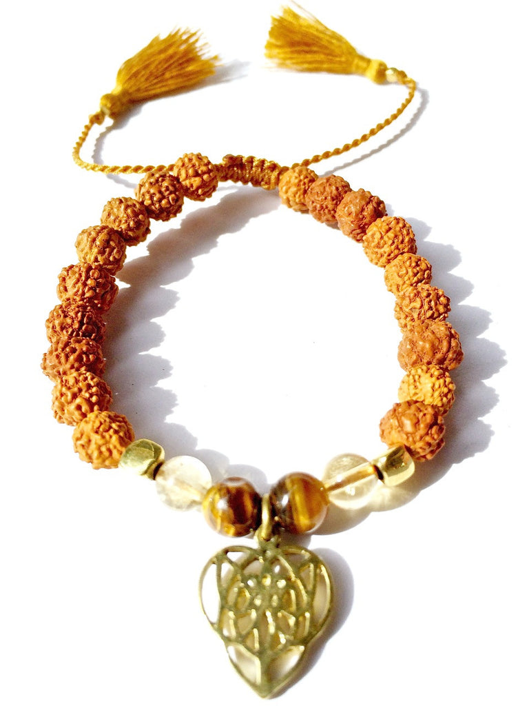 Celtic heart wrist Mala Beads yoga bracelet, rudraksha, citrine, tigers eye