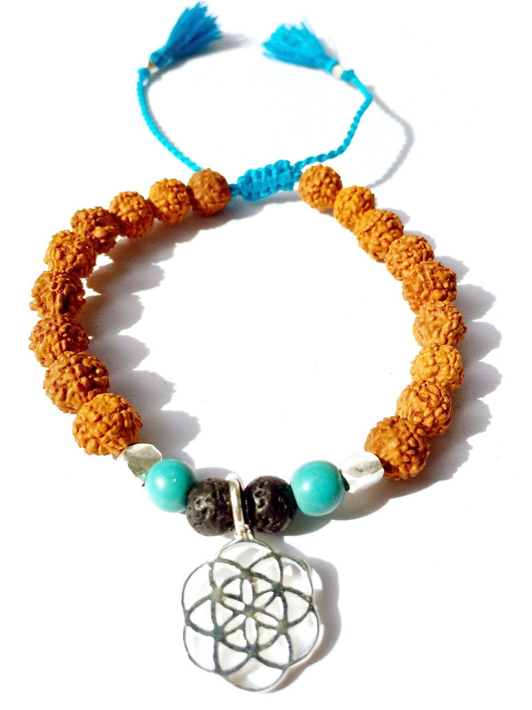 Seed of life Sacred geometry wrist mala beads yoga bracelet, rudraksha, turquoise, lava - Heart Mala