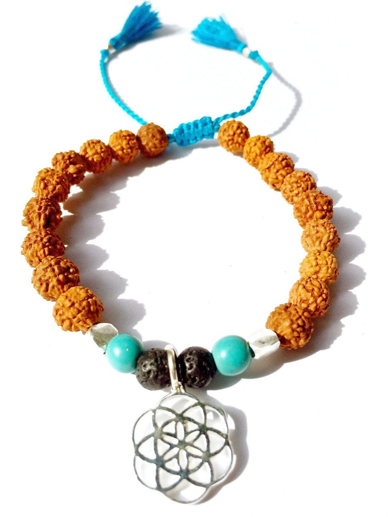 Seed of life sacred geometry wrist Mala Beads mens yoga bracelet, rudraksha, turquoise, lava