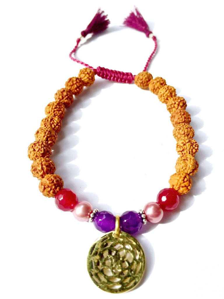 rose of venus sacred geometry wrist mala beads yoga bracelet, rudraksha, ruby quartz, pearl, amethyst - Heart Mala