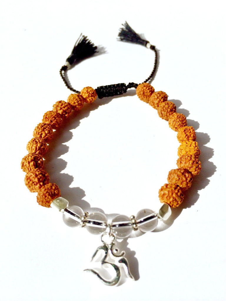 OM wrist Mala Beads yoga bracelet, rudraksha, clear quartz