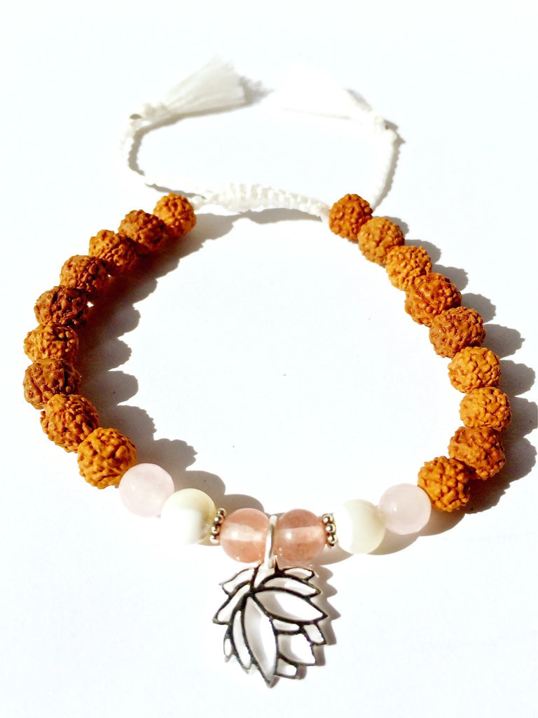 lotus wrist mala yoga bracelet, rudraksha, rose quartz, mother of pearl