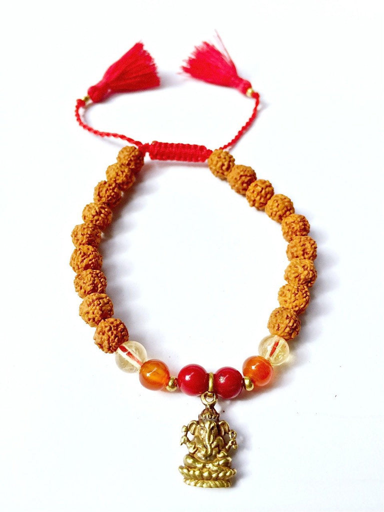 Ganesha wrist mala yoga bracelet, rudraksha, citrine, carnelian agate, red coral