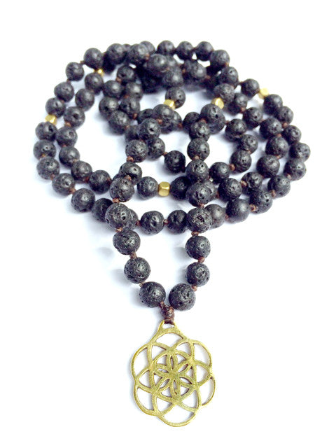 Lava Mala Prayer Beads yoga necklace brass Seed Of Life sacred geometry pendant 