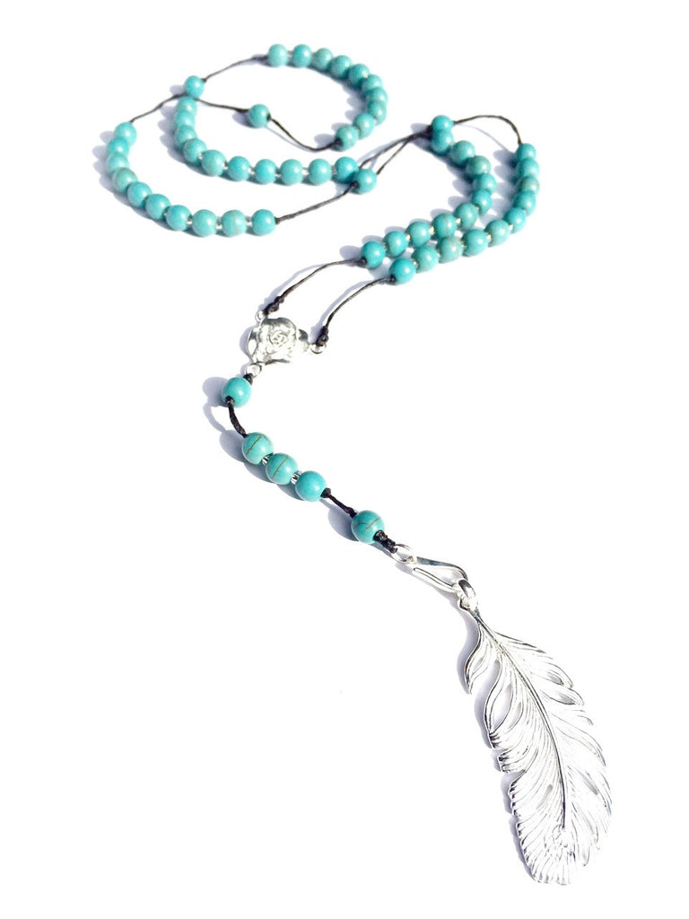 turquoise rosary beads handmade gemstone necklace with silver feather pendant