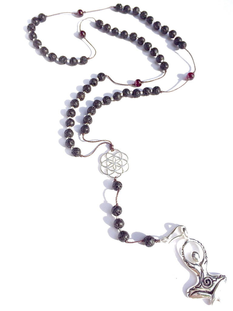 lava & garnet rosary, silver Seed of Life sacred geometry charm & Yogini pendant gemstone necklace