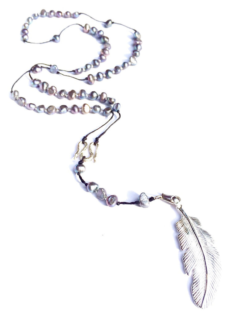 silver pearl rosary beads handmade gemstone necklace with silver feather pendant