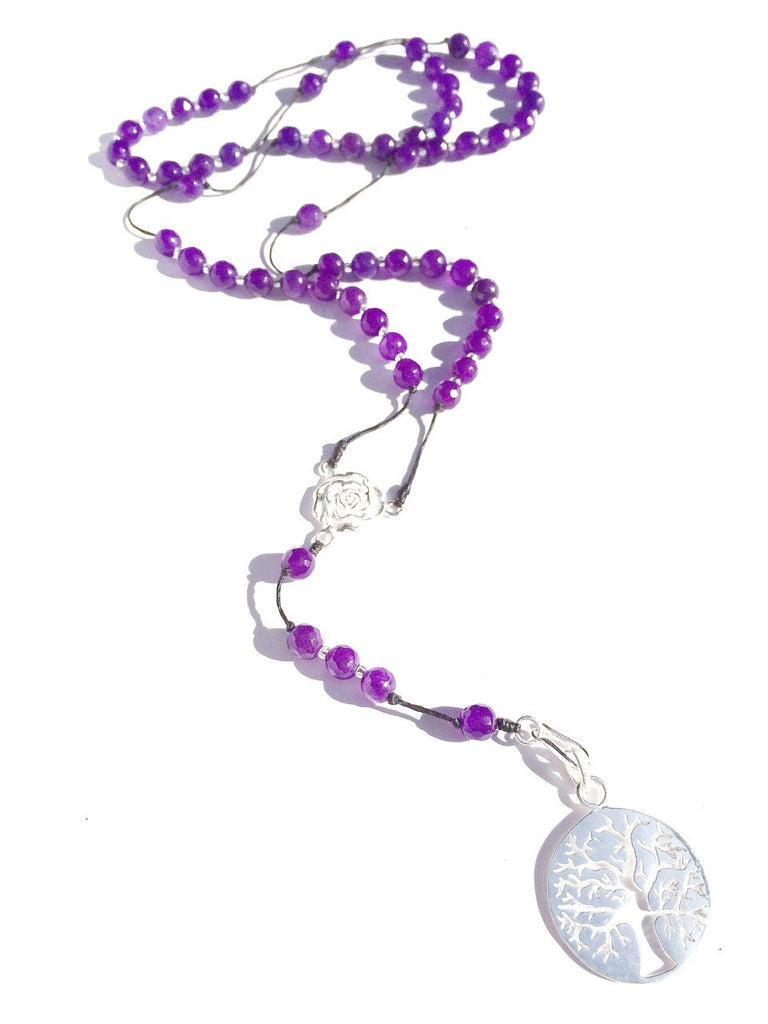 Amethyst rosary beads, silver tree of life pendant handmade gemstone necklace