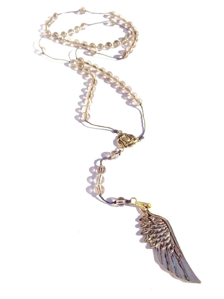 smokey quartz rosary, brass angel wing pendant handmade gemstone necklace