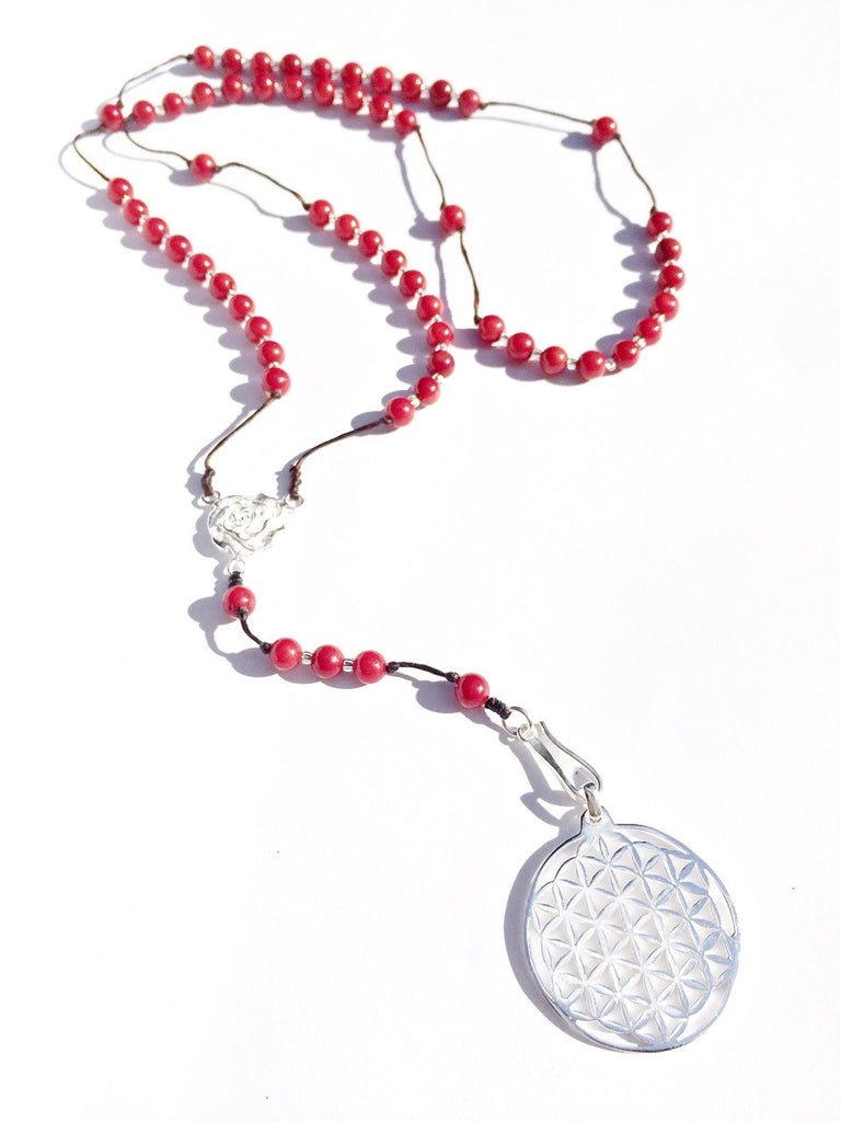Red Coral Rosary beads Necklace silver Flower Of Life Sacred geometry pendant 