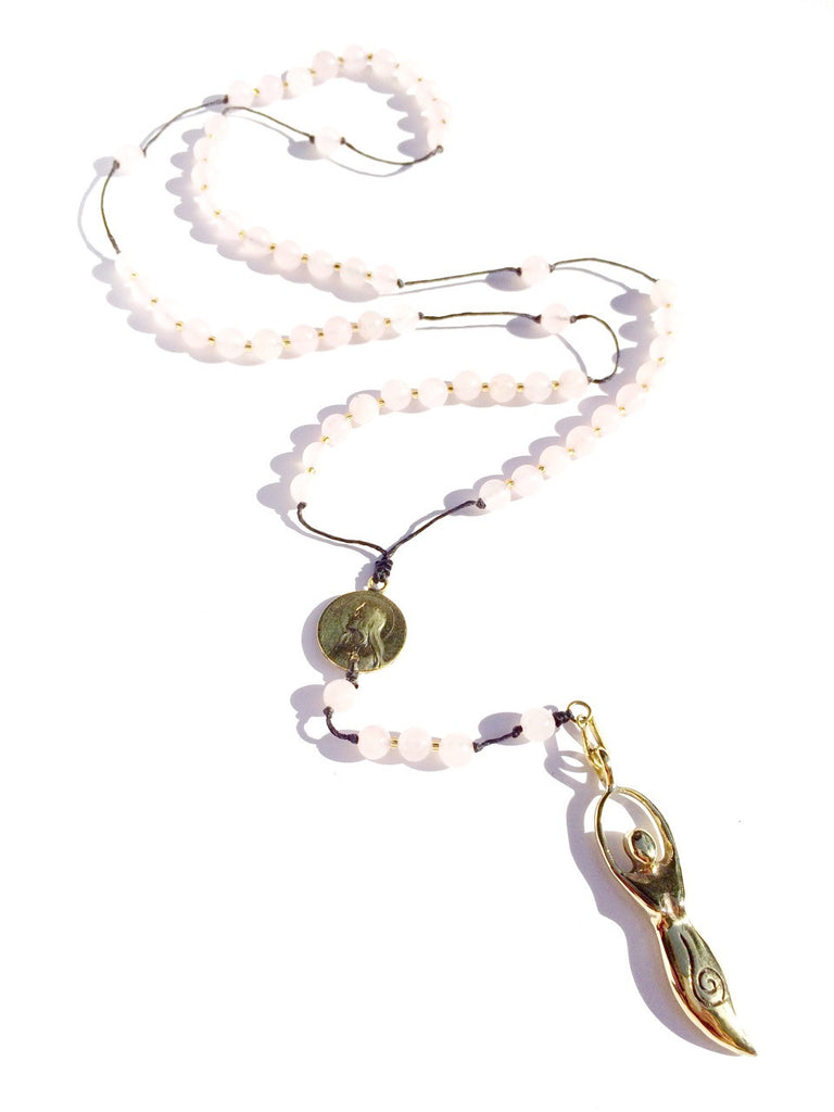 Rose Quartz Rosary Beads Necklace brass Goddess pendant gemstone jewellery