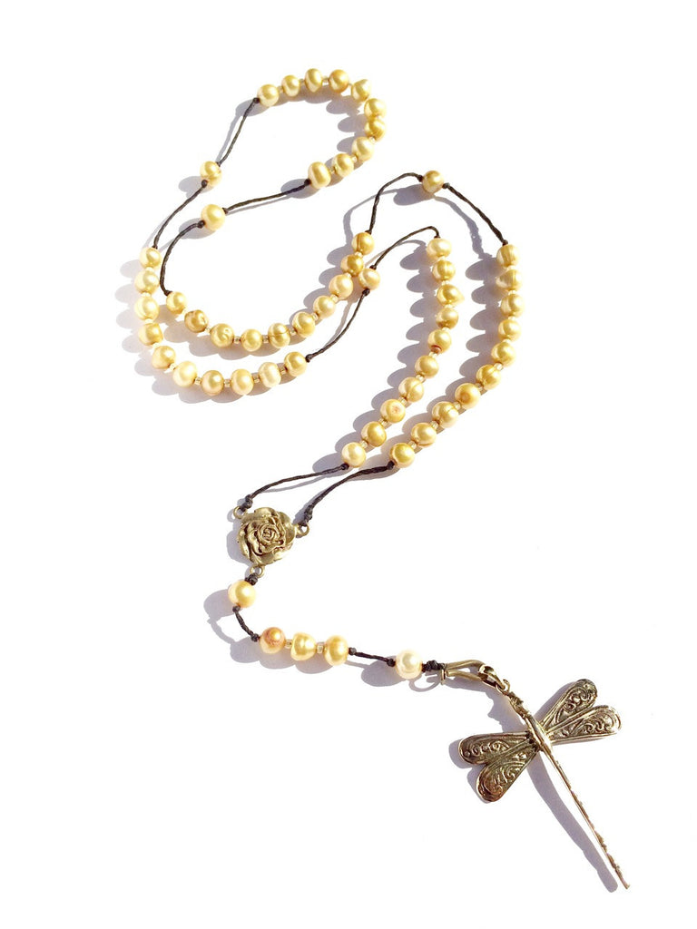 golden pearl rosary beads handmade necklace with brass dragonfly pendant