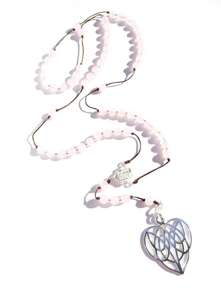 rose quartz rosary beads, silver celtic heart pendant handmade gemstone necklace