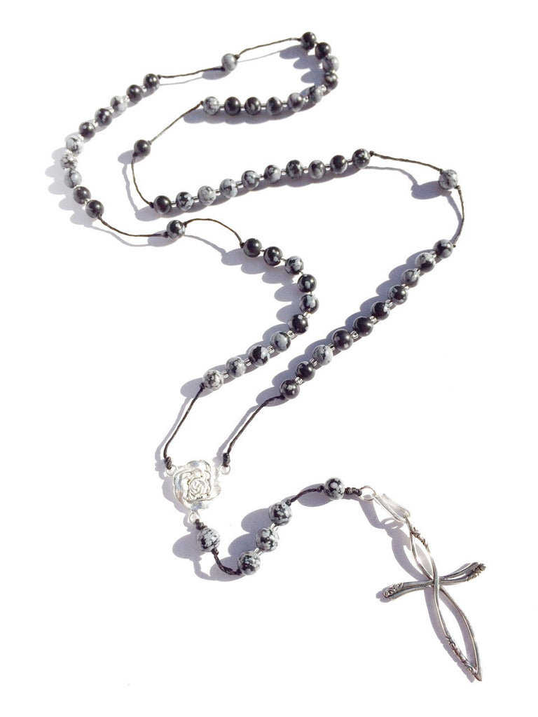 snowflake obsidian rosary beads handmade gemstone necklace with silver cross pendant