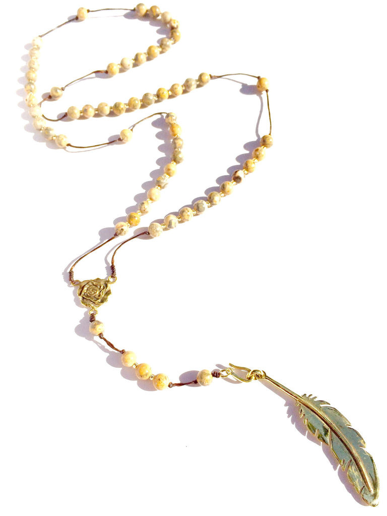 Jasper rosary beads, brass feather pendant handmade gemstone necklace