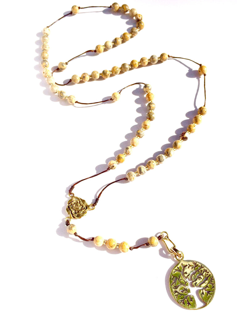 jasper gemstone rosary beads necklace, brass tree of life pendant
