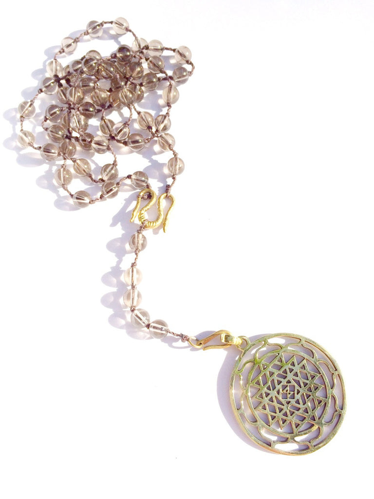 Smokey Quartz gemstone Rosary Beads Necklace, brass Sri Yantra sacred geometry pendant