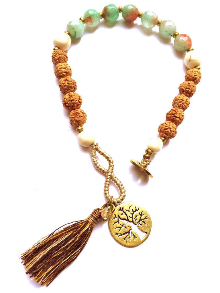Boho Yoga Mala Bracelet, Green Agate, Howlite, Rudraksha, Tree Of Life charm