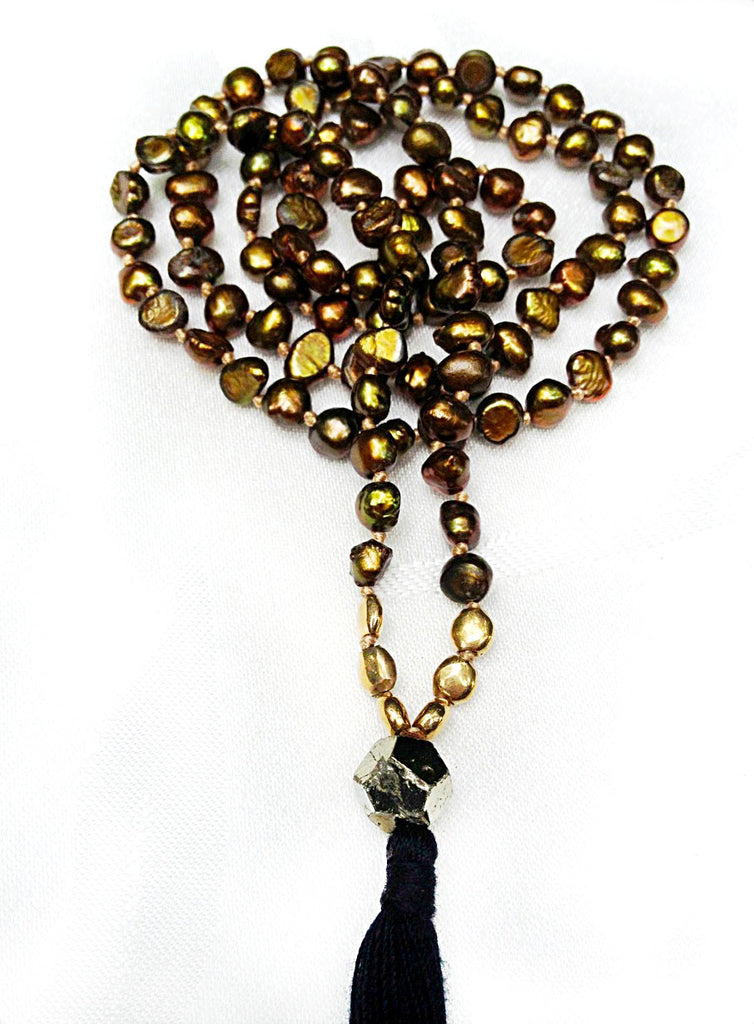 Mala prayer beads yoga necklace handmade from Silver pearls pearl & golden pyrite Mala Beads