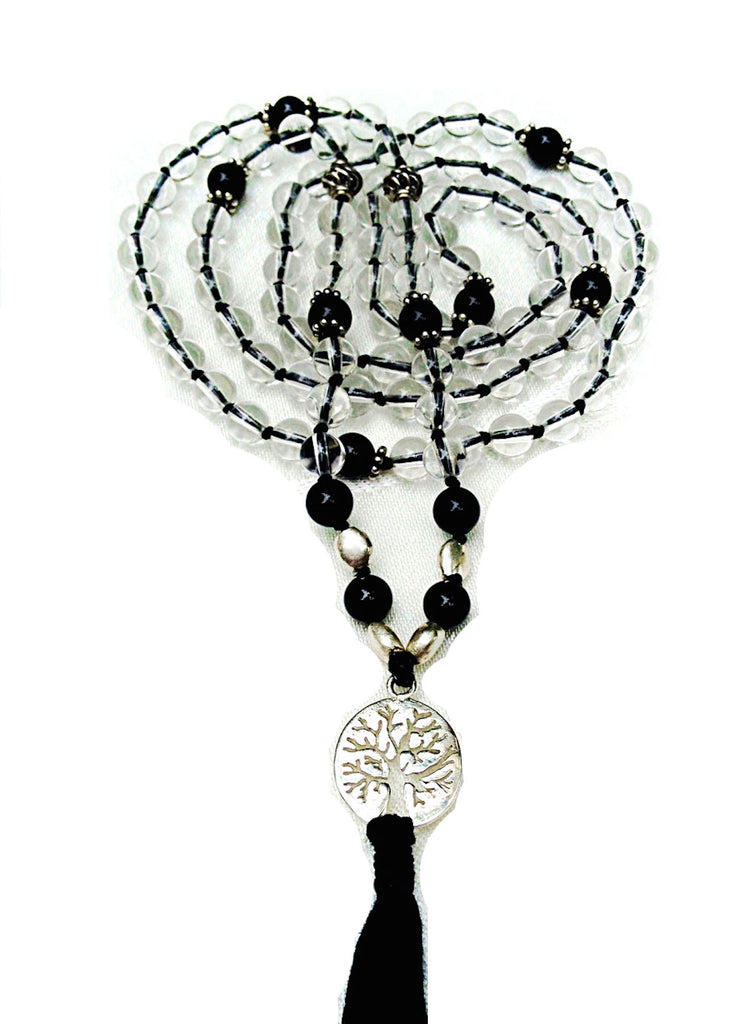 Mala prayer Beads yoga necklace handmade from clear quartz & onyx TREE OF LIFE pendant