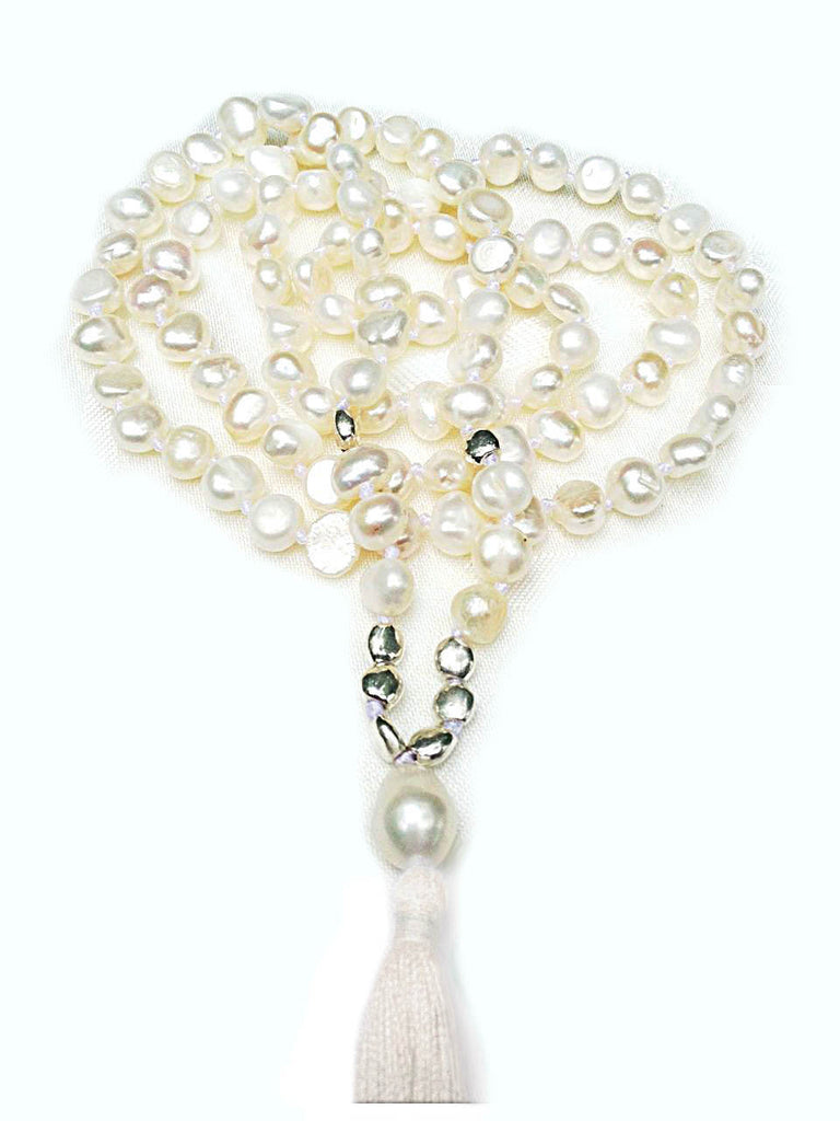 Mala beads yoga necklace with Pearl, Clear Quartz & Mother of Pearl