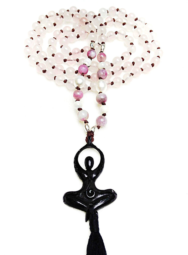 Rose quartz, pearl & rhodonite Mala Beads Yoga Necklace YOGINI
